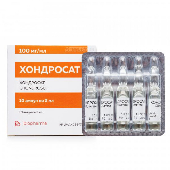 Hondrosat solution for injections on 100 mg/ml, on 2 ml in ampoules, 10 pieces.