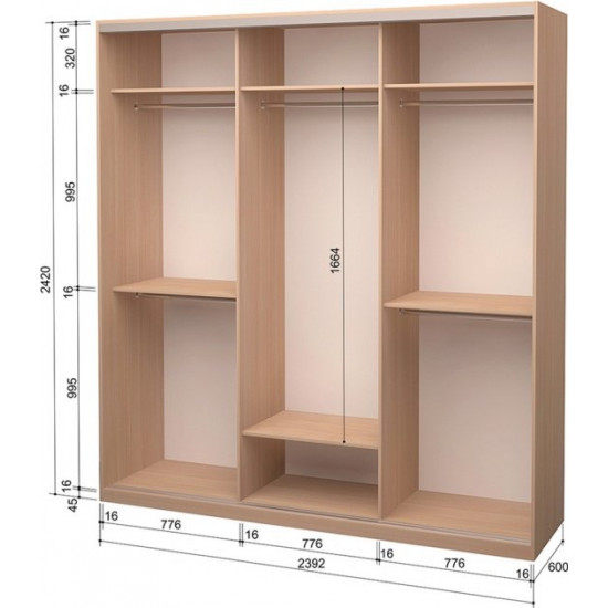  Шкаф-купе трехдверный Roko 239.2x242x60 см Зеркало Дуб молочный (20200024375)