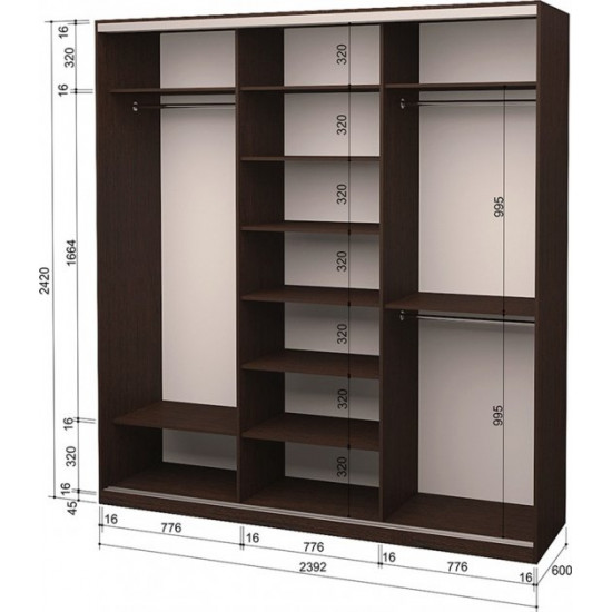 Three-door wardrobe Roko 239.2x242x60 cm chipboard Wenge Oak (20200024321)