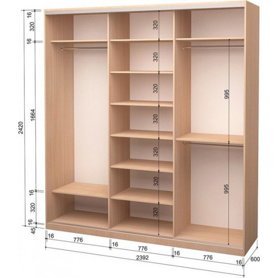  Шкаф-купе трехдверный Roko 239.2x242x60 см ДСП + Зеркало Дуб молочный (20200024388)