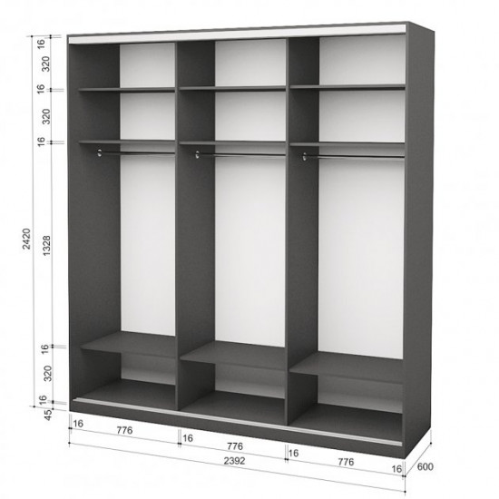 Three-door wardrobe ROKO 239.2x242x60 cm chipboard + Mirror Gray (20200027534)