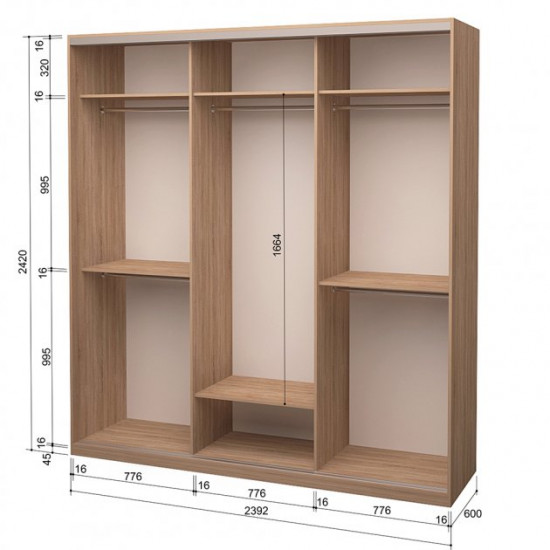  Шкаф-купе трехдверный ROKO 239.2x242x60 см ДСП + Зеркало Дуб Сонома (20200024441)