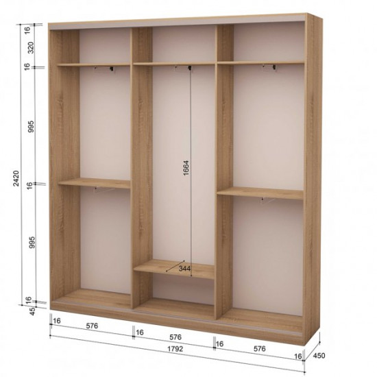 Three-door wardrobe ROKO 179.2x45x242 cm chipboard + Mirror Sonoma Oak (20200025369)