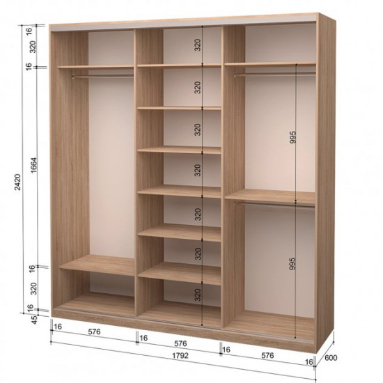 Three-door wardrobe ROKO 179.2x242x60 cm Mirror Sonoma Oak (20200024443)