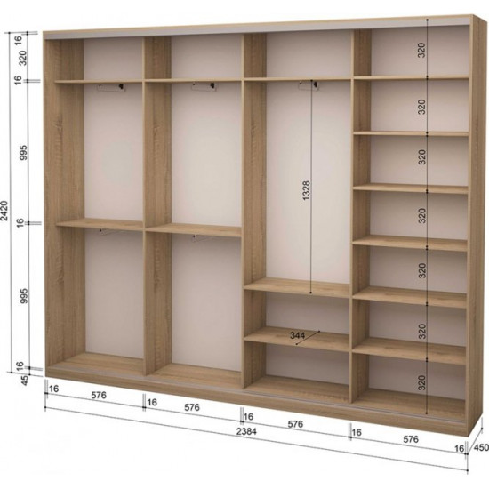 Four-door wardrobe Roko 238.4x242x45 cm chipboard + Mirror Sonoma Oak (20200025327)