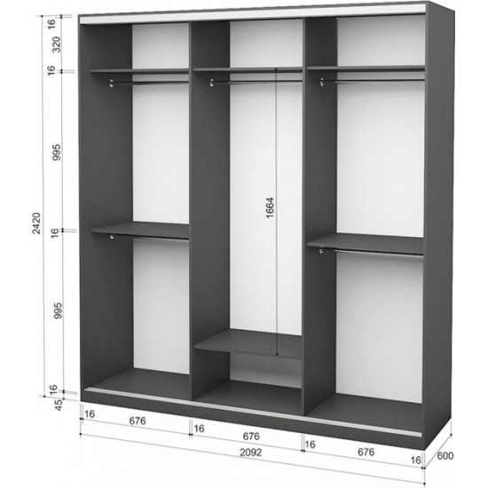 Three-door wardrobe Roko 209.2x60x242 cm Mirror Gray (20200027472)