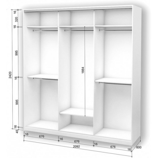 Three-door wardrobe Roko 209.2x60x242 cm Mirror White (20200027325)