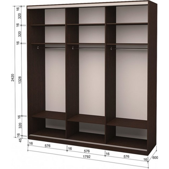 Three-door wardrobe Roko 179.2x242x60 cm Mirror Wenge Oak (20200024325)