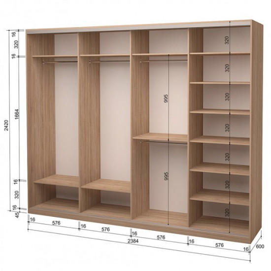  Шкаф-купе четырехдверный ROKO 238.4x242x60 см Зеркало Дуб Сонома (20200024671)