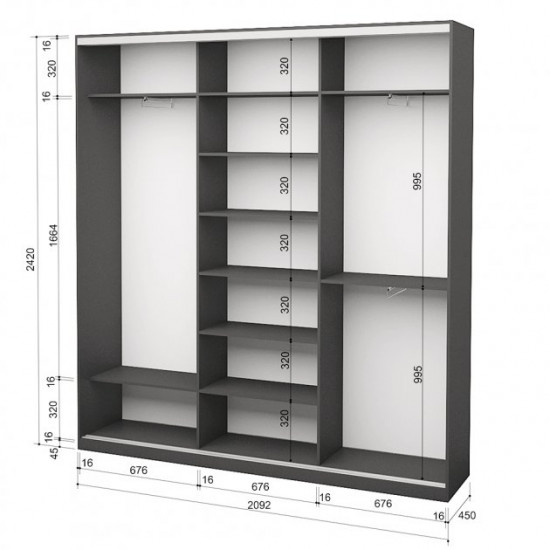 Three-door wardrobe ROKO 209.2x45x242 cm Mirror Gray (20200027275)