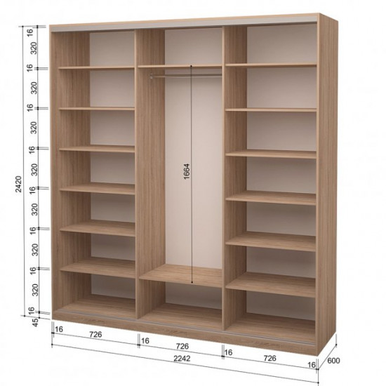 Three-door wardrobe ROKO 224.2x242x60 cm Mirror Sonoma Oak (20200024485)