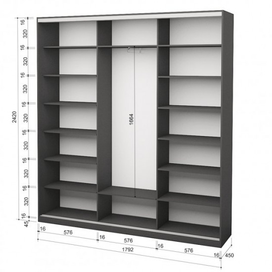 Three-door wardrobe ROKO 179.2x45x242 cm chipboard + Mirror Gray (20200027322)