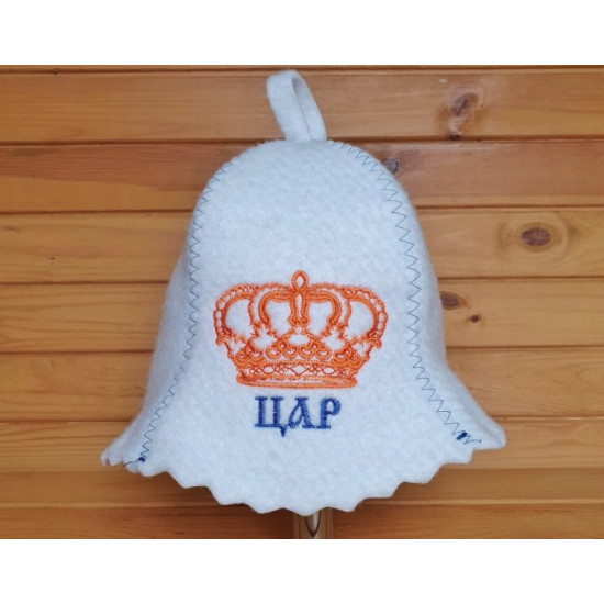 Sauna hat with Tsar embroidery, white