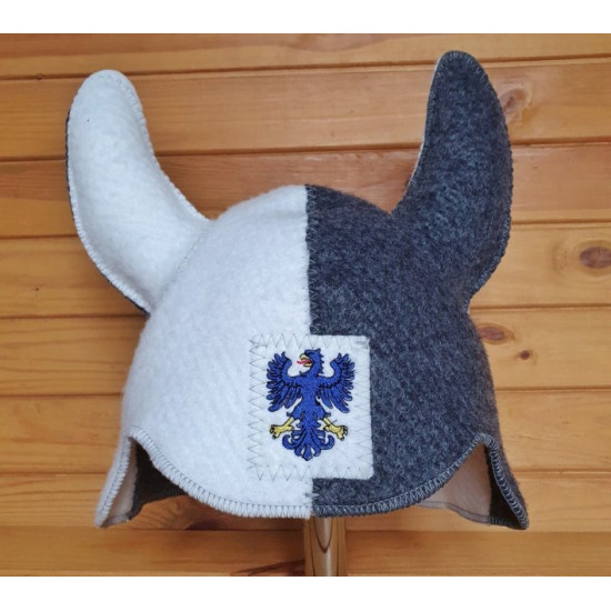 Sauna hat with embroidered Viking white-gray