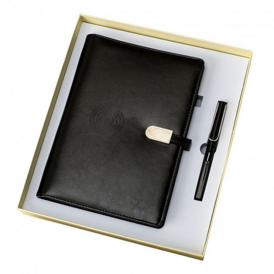 Business diary with 16 GB flash drive and wireless charging, Powerbank Black