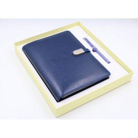 Business diary with 16 GB flash drive and wireless charging, Powerbank Blue