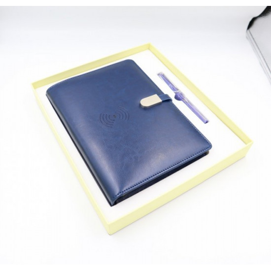 Business diary with 16 GB flash drive and wireless charging, Powerbank Blue