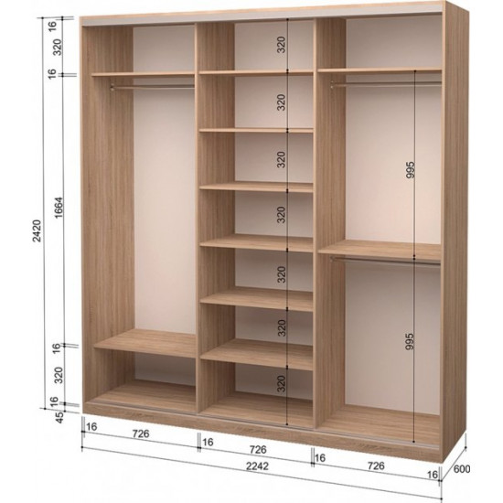 Three-door wardrobe Roko 224.2x242x60 cm chipboard + Mirror Sonoma Oak (20200024450)