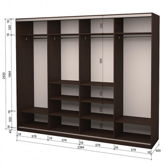 Шафа-купе чотиридверна ROKO 238.4x242x60 см ДСП + Дзеркало Дуб Венге (20200024631)