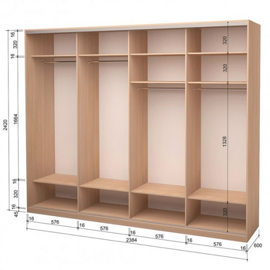 Four-door wardrobe ROKO 238.4x242x60 cm Mirror Milk Oak (20200024643)