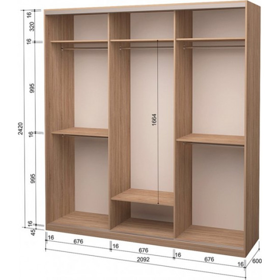  Шкаф-купе трехдверный Roko 209.2x242x60 см ДСП + Зеркало Дуб сонома (20200024434)