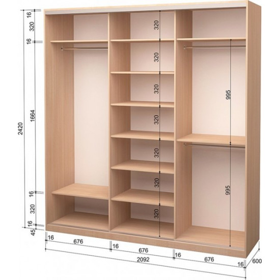  Шкаф-купе трехдверный Roko 209.2x242x60 см ДСП + Зеркало Дуб молочный (20200024382)