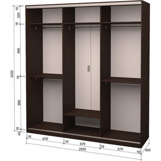 Three-door wardrobe Roko 209.2x242x60 cm chipboard + Mirror Wenge Oak (20200024304)