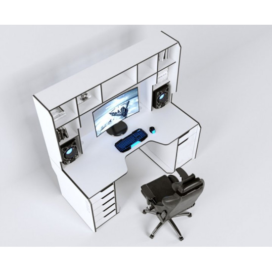 Gaming desk with add-on Viking-4L Zeus white + black edge