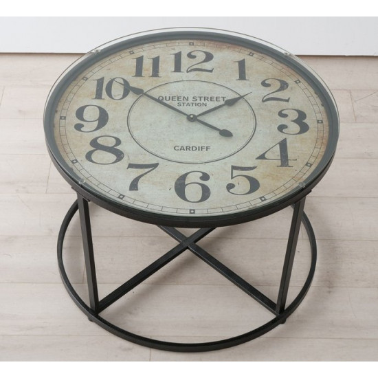 Black metal coffee table with a clock on the tabletop Present Antique