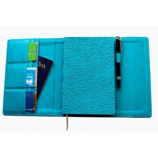 Diary in a luxury cover with embossing, undated A5, with compartments for documents, turquoise