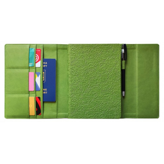 Diary in an elite cover with embossing, undated A5, with compartments for documents, pistachio