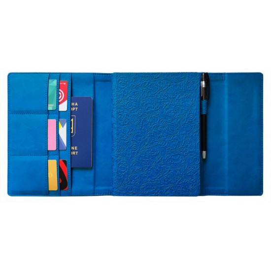 Diary in an elite cover with embossing, undated A5, with compartments for documents, blue