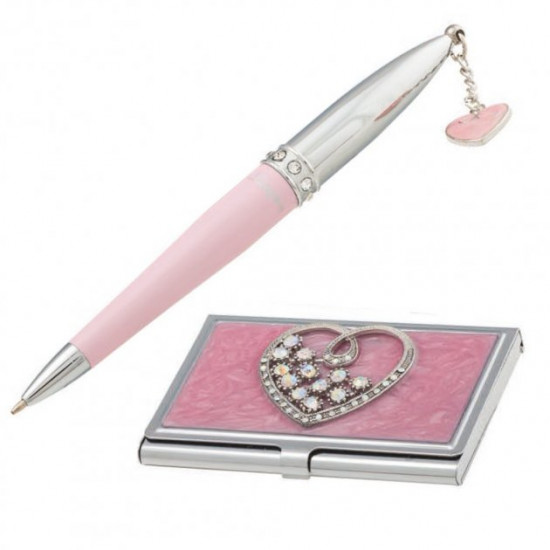 Pens in the set Langres Crystal Heart 1pcs + business card holder pink LS.122008-10