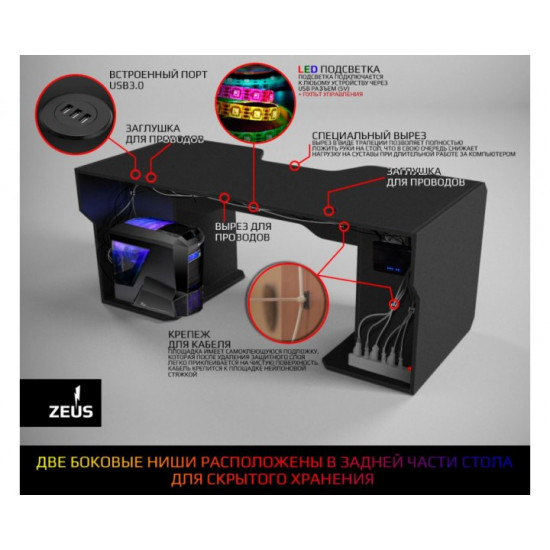 Геймерський ергономічний стіл ZEUS Viking-1S, 160х85 (80) см, чорний/білий