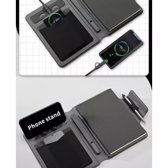 Notepad, business diary with 32 GB flash drive and wireless charging, with Powerbank pen Gray