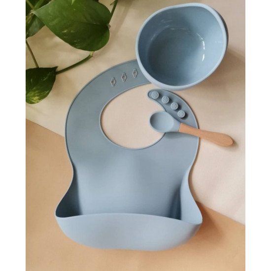 Baby silicone bib with deep plate and spoon, blue