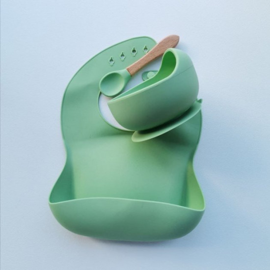 Baby silicone bib with deep plate and spoon mint color