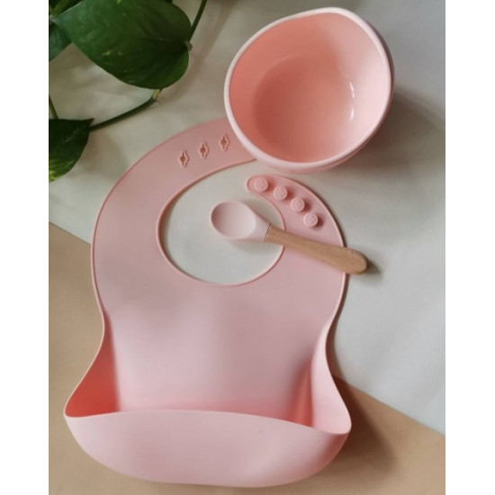 Baby silicone bib with deep plate and spoon, peach color