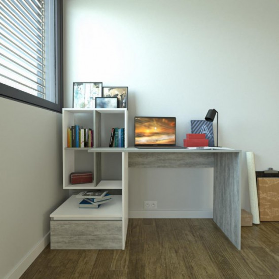 Computer desk with shelves and a drawer on the left, white concrete shelves W1450*H1116*D516