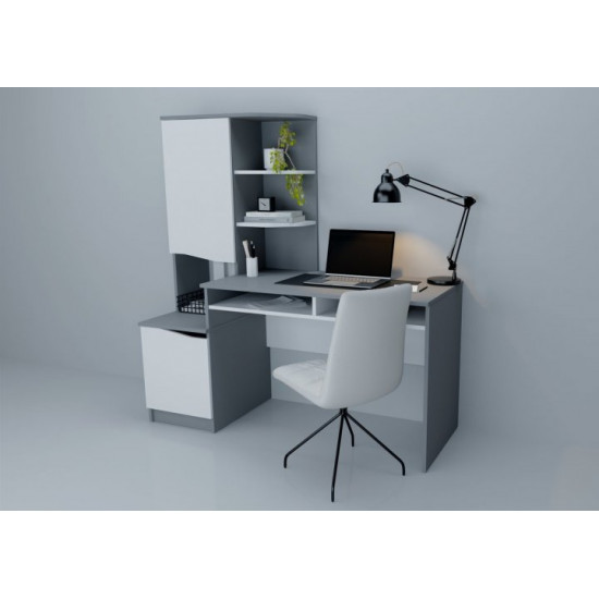 Computer desk with pencil case and cabinet Intarsio Gaston White Alaska / Graphite left