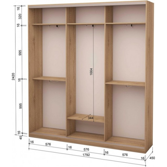 Three-door wardrobe Roko 179.2x45x242 cm chipboard Sonoma Oak (20200025380)