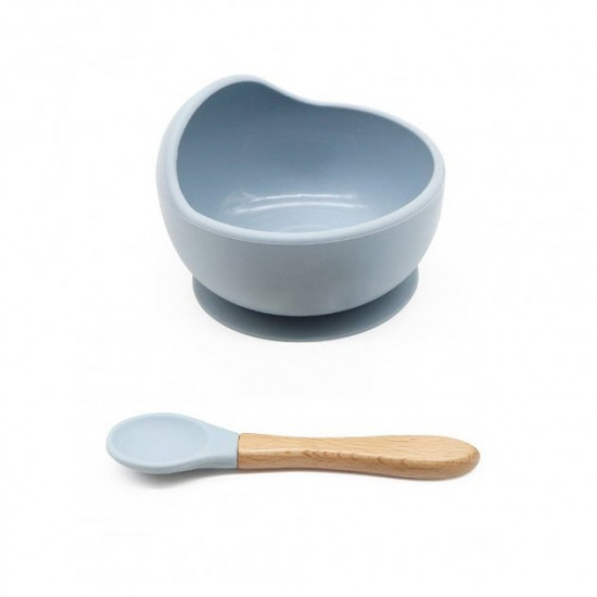 Round Silicone Suction Cup Plate with Spoon with Wooden Handle Metr + Blue Gray