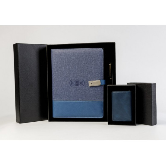 Gift set Notepad with Powerbank wireless charging flash drive 16 GB + cardholder Blue