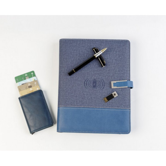 Gift set Notepad with Powerbank wireless charging flash drive 16 GB + cardholder Blue