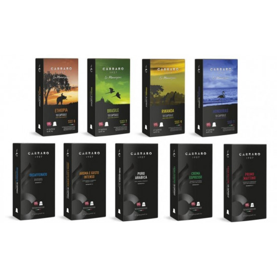 Set of coffee capsules Carraro collection 9 flavors, 90 Nespresso capsules