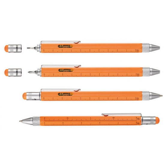 Troika Construction multi-tasking ballpoint pen with stylus; ruler; screwdriver and level; orange