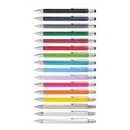 Troika Construction multi-tasking ballpoint pen with stylus; ruler; screwdriver and level; coral