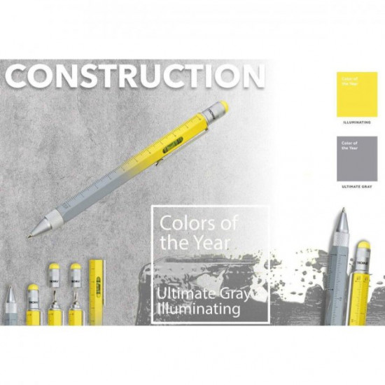 Troika Construction multitasking ballpoint pen with stylus, ruler, screwdriver and level, yellow-gray