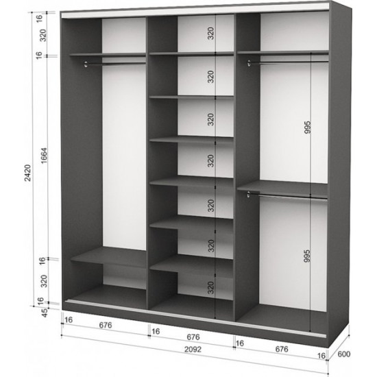 Three-door wardrobe Roko 209.2x60x242 cm chipboard + Mirror Gray (20200027476)