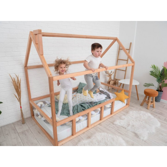 Children's bed Montessori house BUSY WOOD floor model 2 190x90 cm natural wood